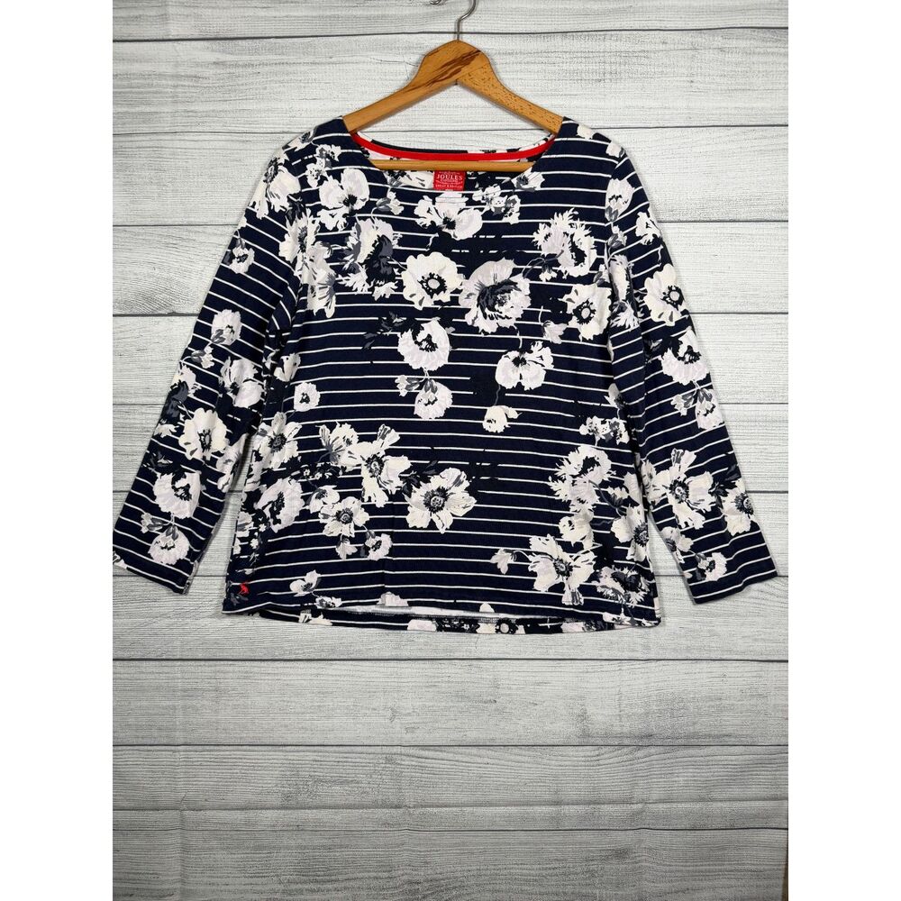 Joules Women’s US 14 Navy White Floral Stripe 3/4 Sleeve Cotton Top 4309